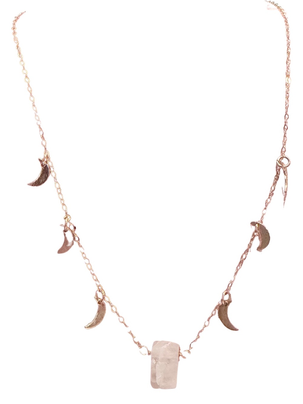 Gold plated womenโs necklace with quartz stone and crescent moons
